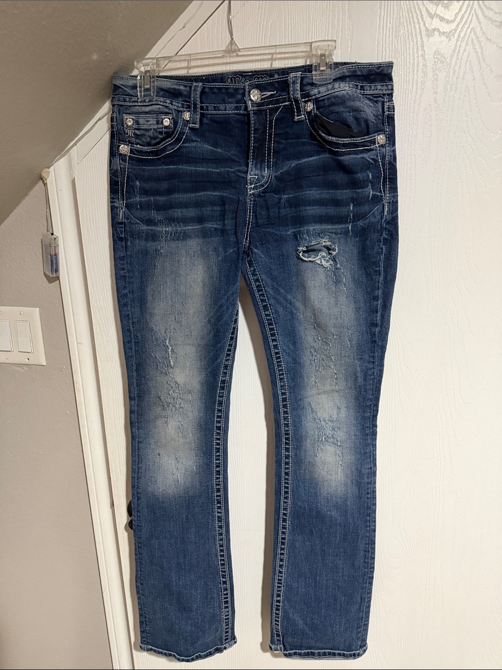 Miss Me Dark Blue Distressed Straight-Leg Jeans
